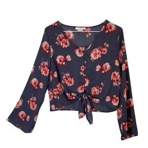 Urban Romantics Womens Blouse S Top Crop Tie Bell Sleeve Dark Floral Fairygoth